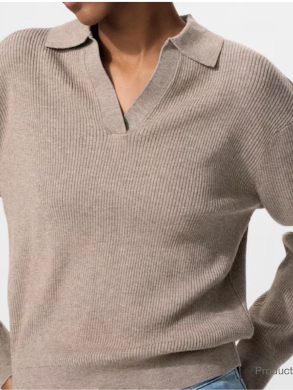 Uniqlo Taupe Ribbed V-Neck Polo Collar top size xs